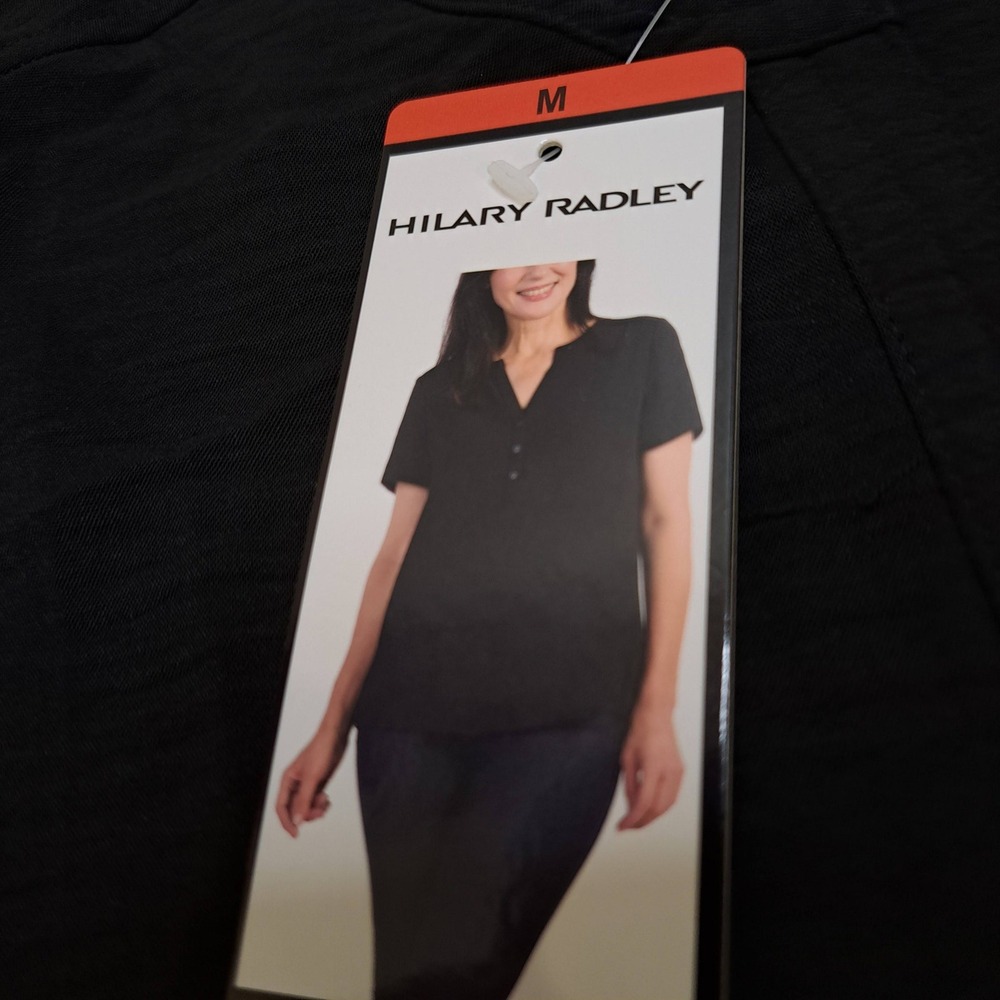 Hilary Radley Womens Blouse M Black NWT Henley Split Neck 1899-196